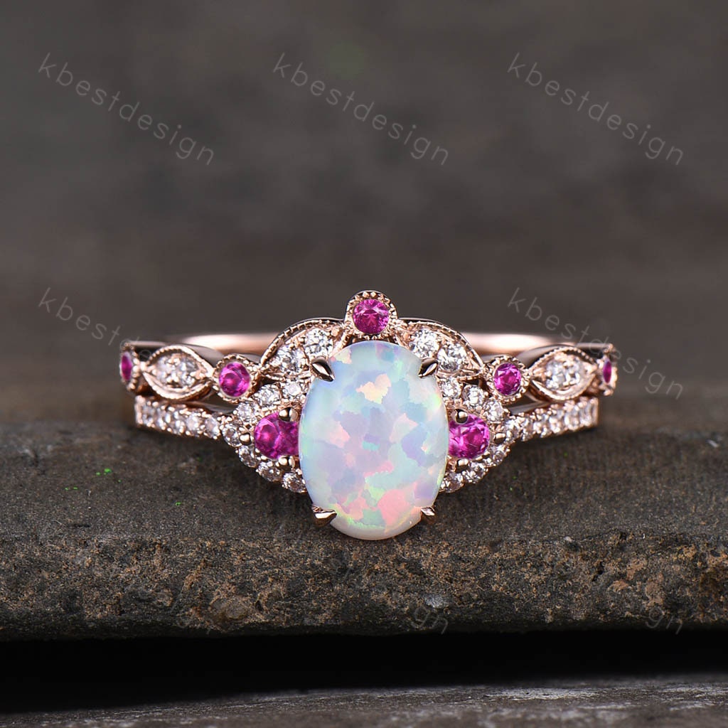 Oval Opal Engagement Ring set Rose gold Engagement Ring Vintage Unique Moissanite Ring Curved Sapphire Stacking Band Promise Ring Gift