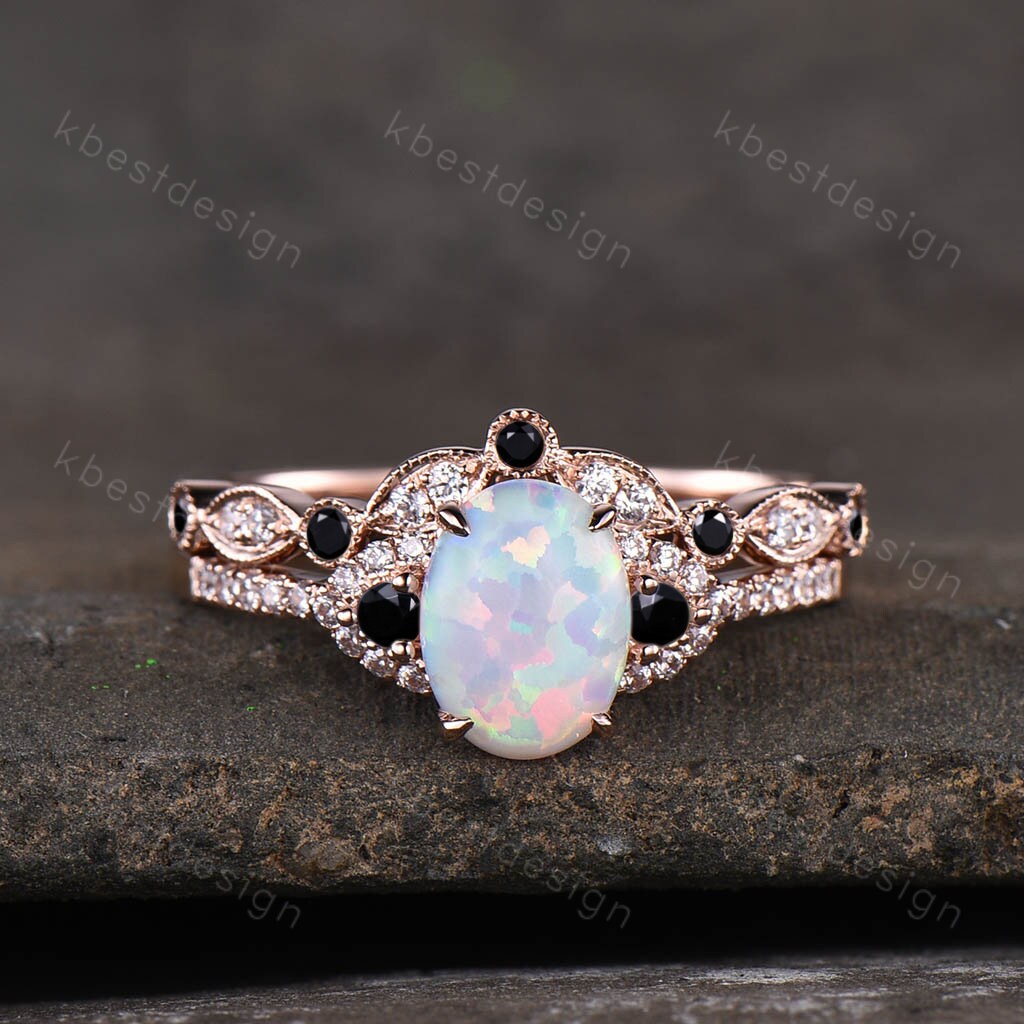 Oval Opal Bridal Set/ White Opal Engagement Ring Set/ 14K Solid Gold Engagement Ring Set/Black Diamond Wedding Ring Set/Anniversary Gift