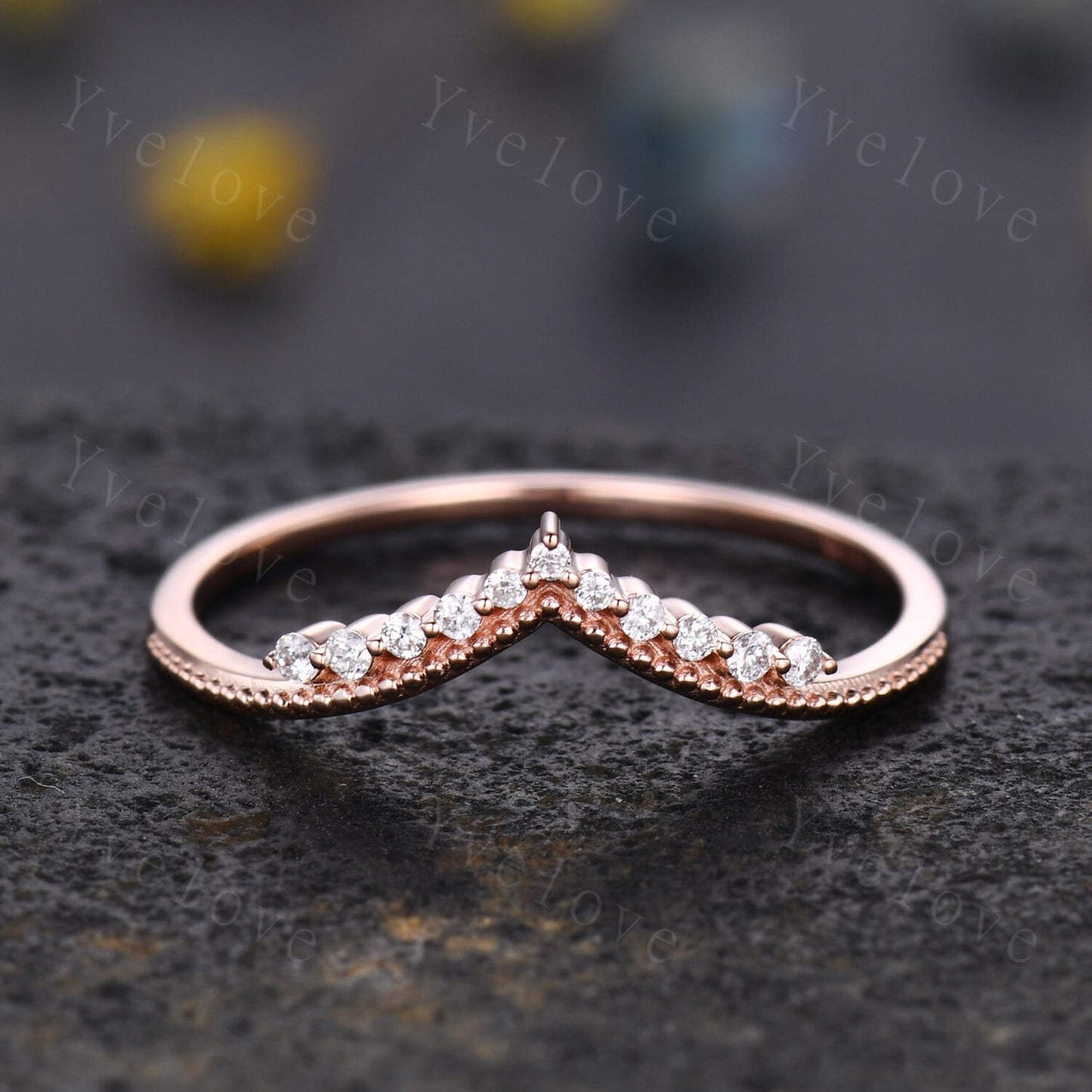 Curved Wedding Band 14k Sold Rose Gold Diamond Ring Women Chevron Matching Stacking Moissanite Band Unique Promise Anniversary Bridal Ring