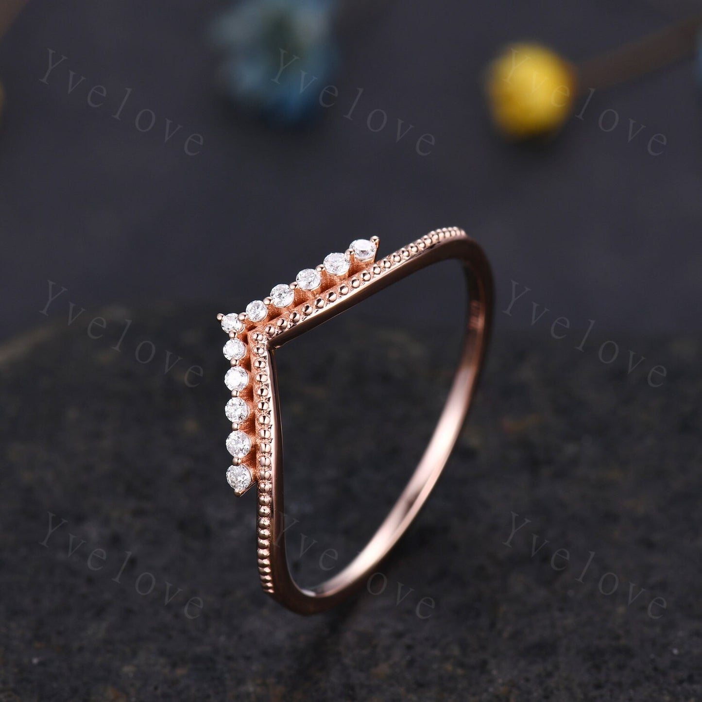 Curved Wedding Band 14k Sold Rose Gold Diamond Ring Women Chevron Matching Stacking Moissanite Band Unique Promise Anniversary Bridal Ring
