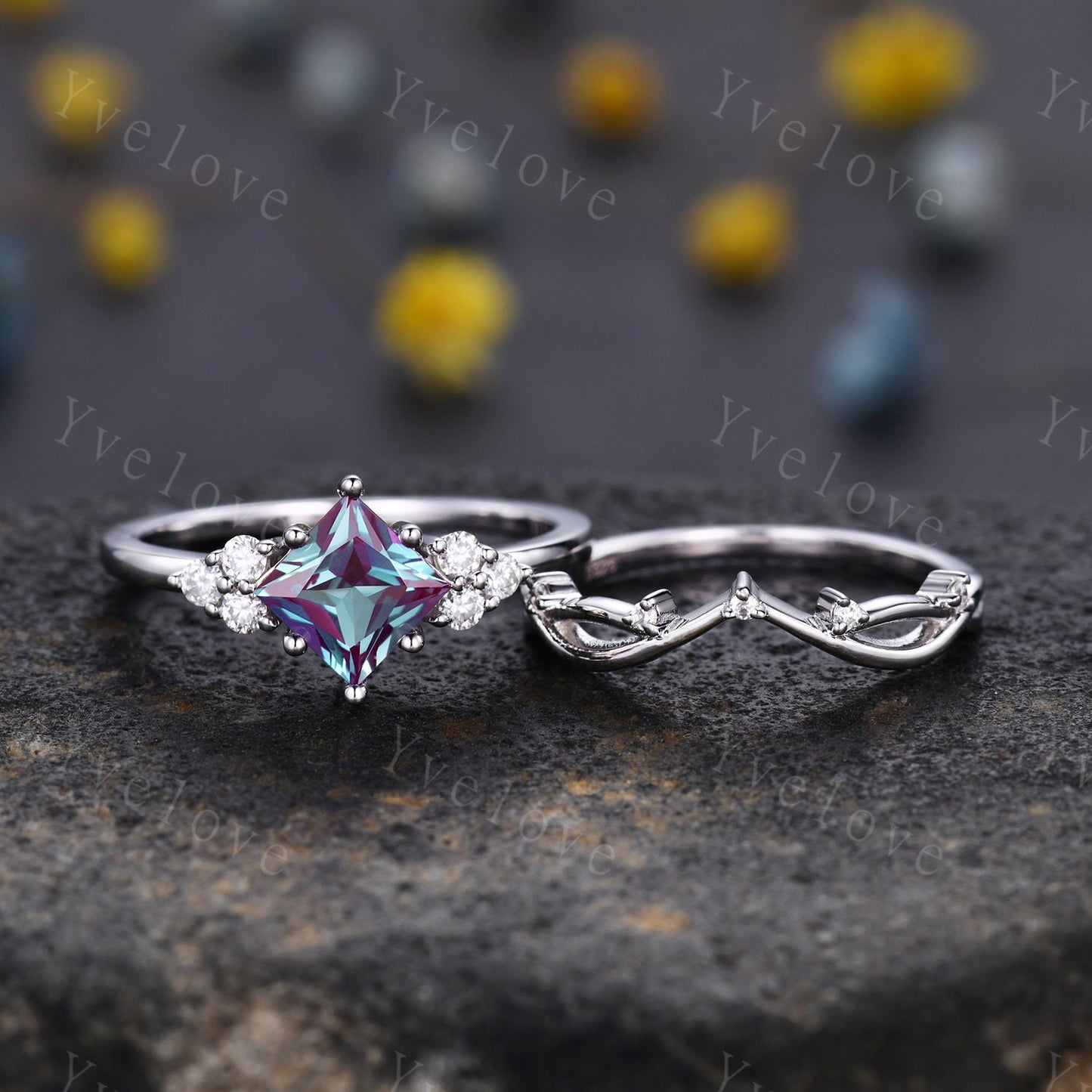 Retro Princess Shaped Alexandrite Ring,Vintage Sterling Silver Ring Set,Unique Engagement Ring,Promise Ring,Anniversary Ring Gift For Her