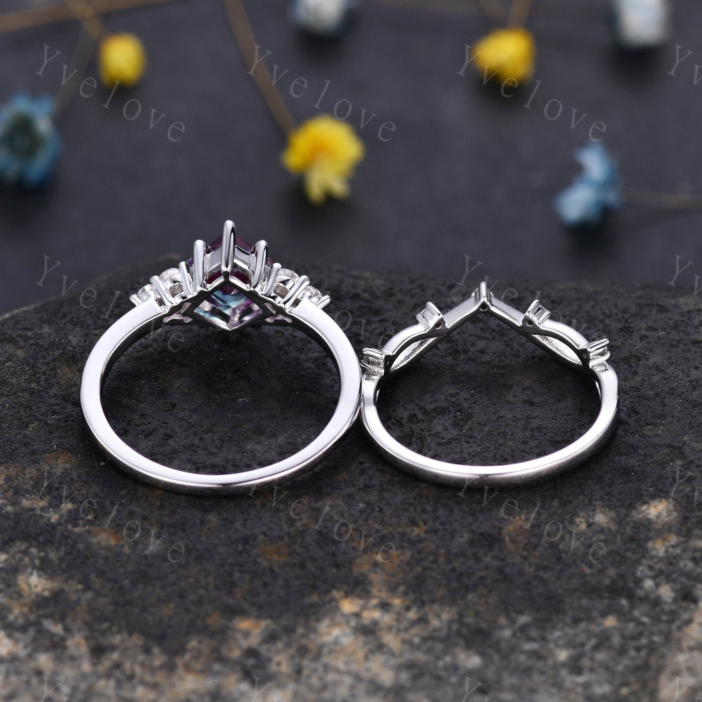 Retro Princess Shaped Alexandrite Ring,Vintage Sterling Silver Ring Set,Unique Engagement Ring,Promise Ring,Anniversary Ring Gift For Her