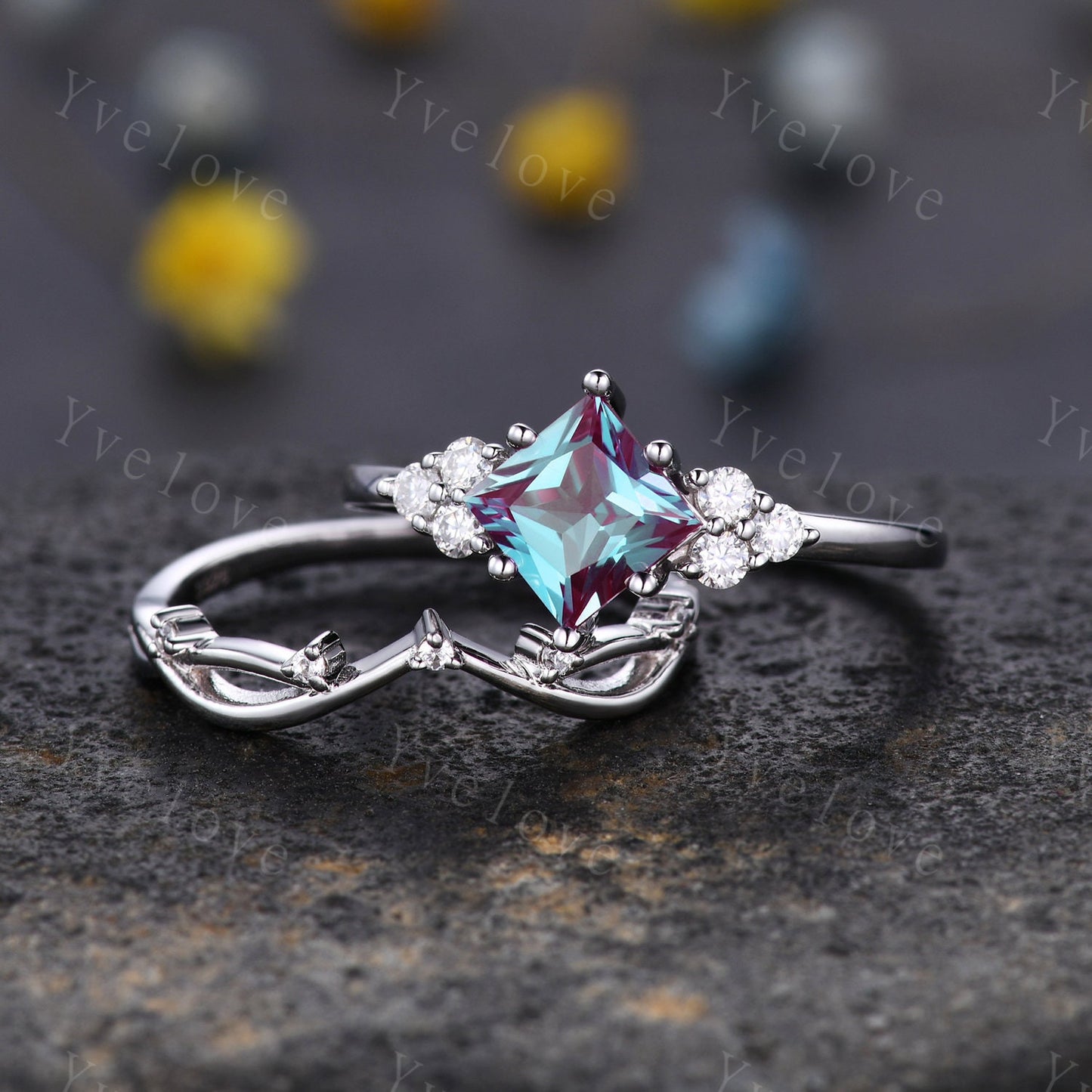 Retro Princess Shaped Alexandrite Ring,Vintage Sterling Silver Ring Set,Unique Engagement Ring,Promise Ring,Anniversary Ring Gift For Her