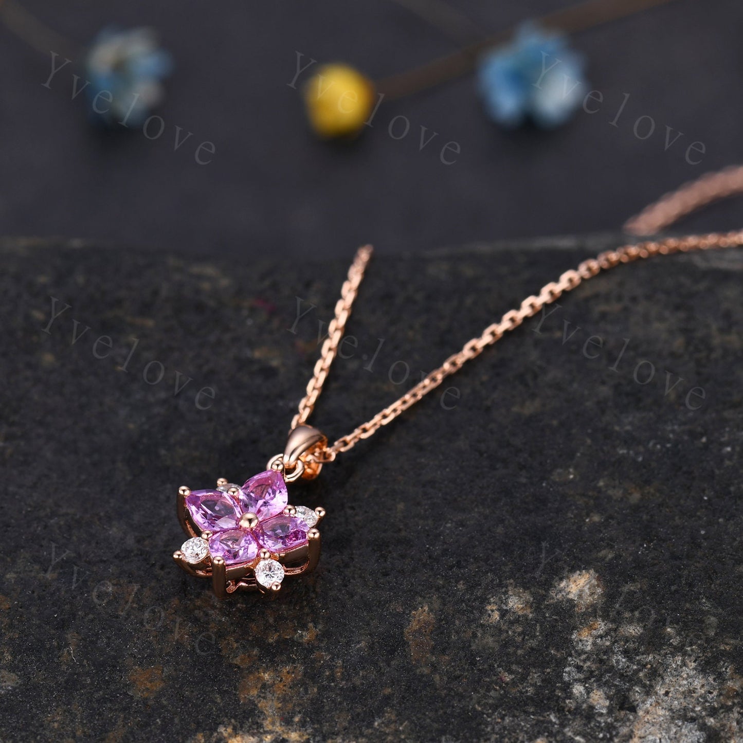 Natural Pink Sapphire Diamond Necklace,Pink Gems Pendant Floral Diamond Jewelry Delicate Dainty Necklace Gift For Women or Her,18k Rose Gold