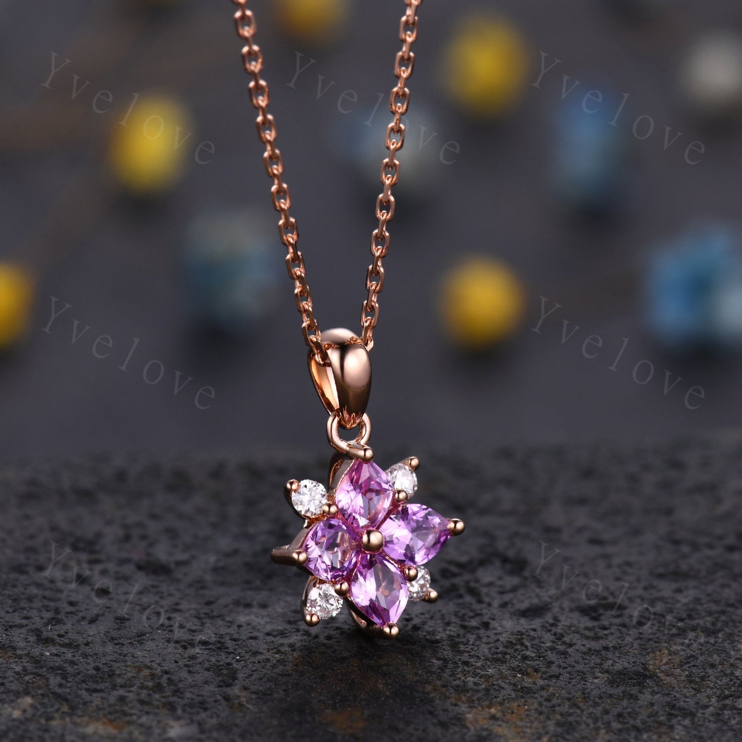 Natural Pink Sapphire Diamond Necklace,Pink Gems Pendant Floral Diamond Jewelry Delicate Dainty Necklace Gift For Women or Her,18k Rose Gold