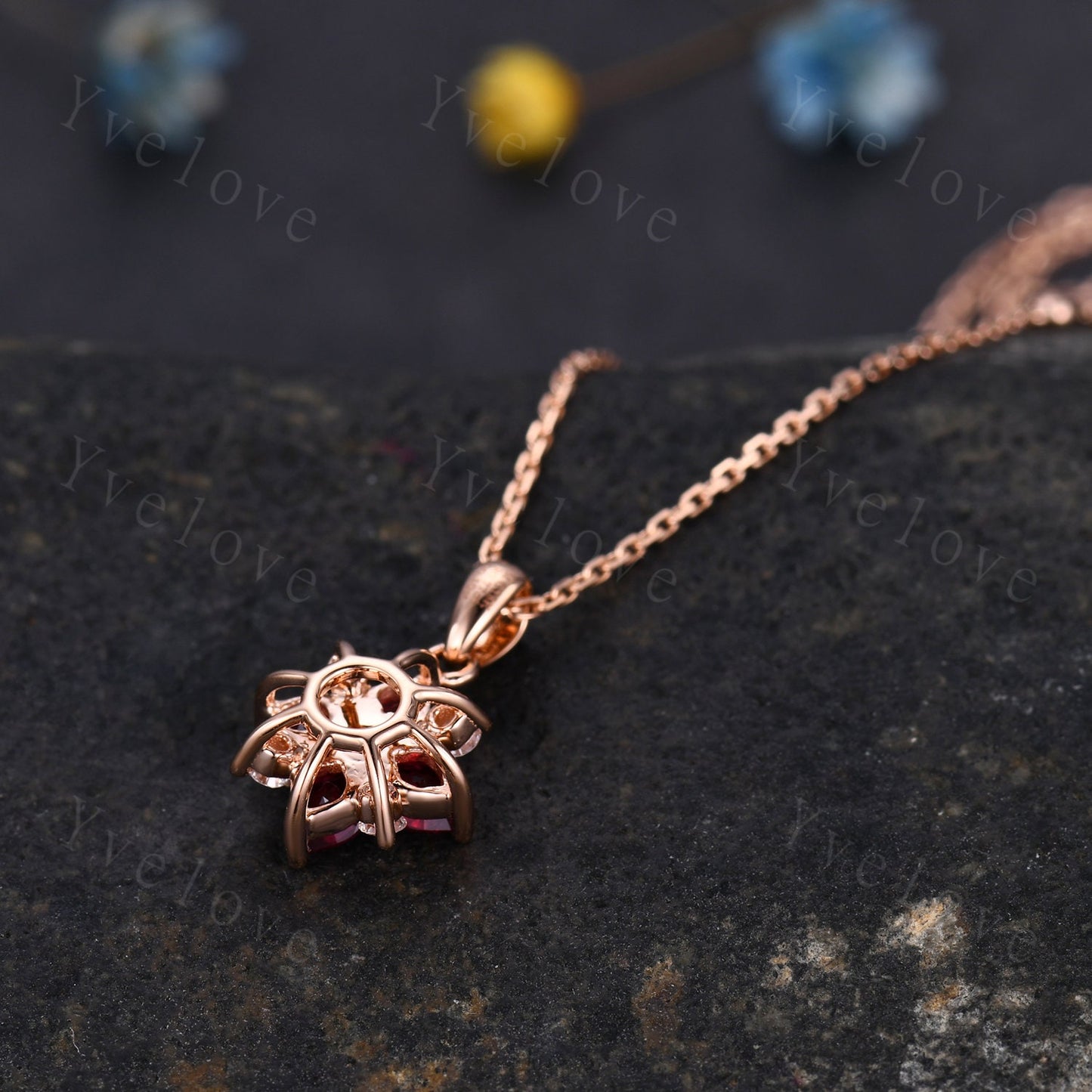 Vintage Natural Red Ruby Diamond Necklace,Pink Gems Pendant Floral Diamond Jewelry Delicate Dainty Necklace Gift For Women,14k Rose Gold