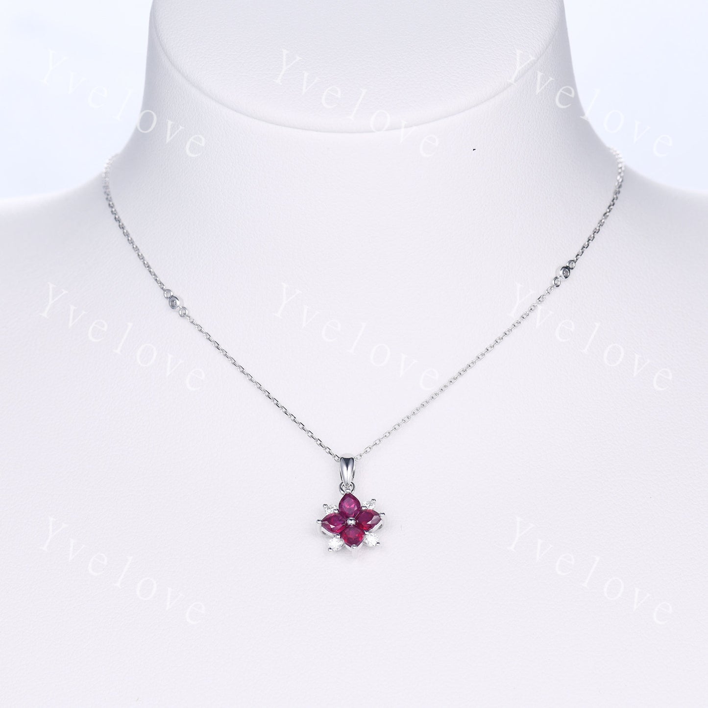 Vintage Natural Red Ruby Diamond Necklace,Pink Gems Pendant Floral Diamond Jewelry Delicate Dainty Necklace Gift For Women,14k Rose Gold