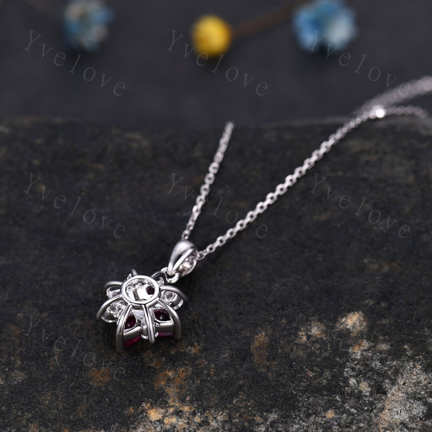 Vintage Natural Red Ruby Diamond Necklace,Pink Gems Pendant Floral Diamond Jewelry Delicate Dainty Necklace Gift For Women,14k Rose Gold