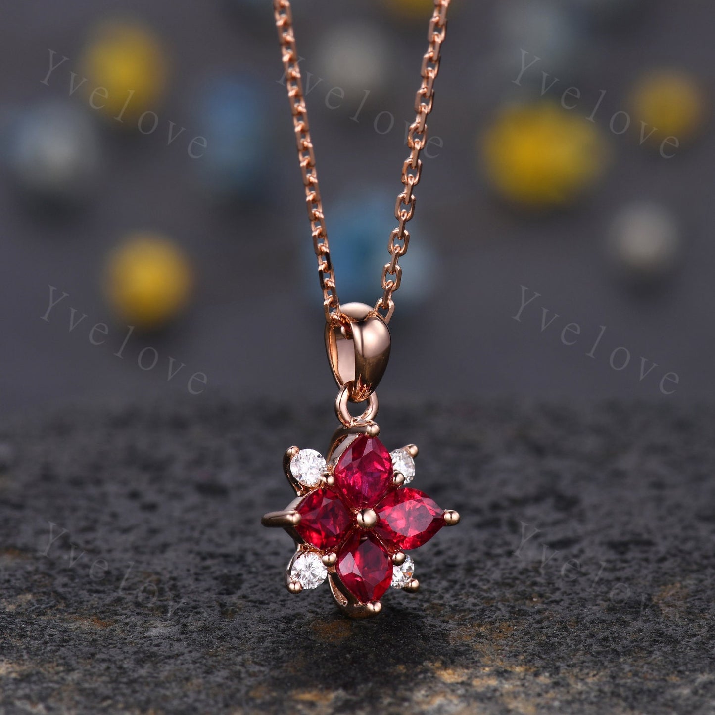 Vintage Natural Red Ruby Diamond Necklace,Pink Gems Pendant Floral Diamond Jewelry Delicate Dainty Necklace Gift For Women,14k Rose Gold