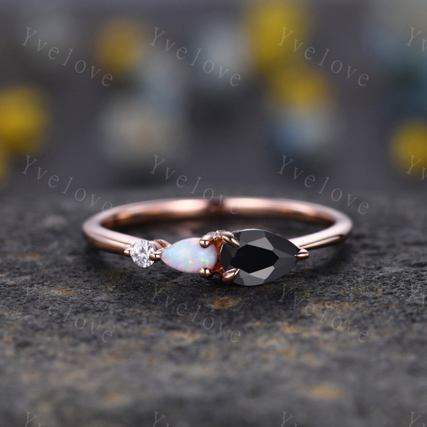 Vintage Black Onyx Opal Engagement Ring,Pear Cut Gems,Art Deco Moissanite Wedding Band,3 Stone Unique Women Bridal Promise Ring Gift,Custom