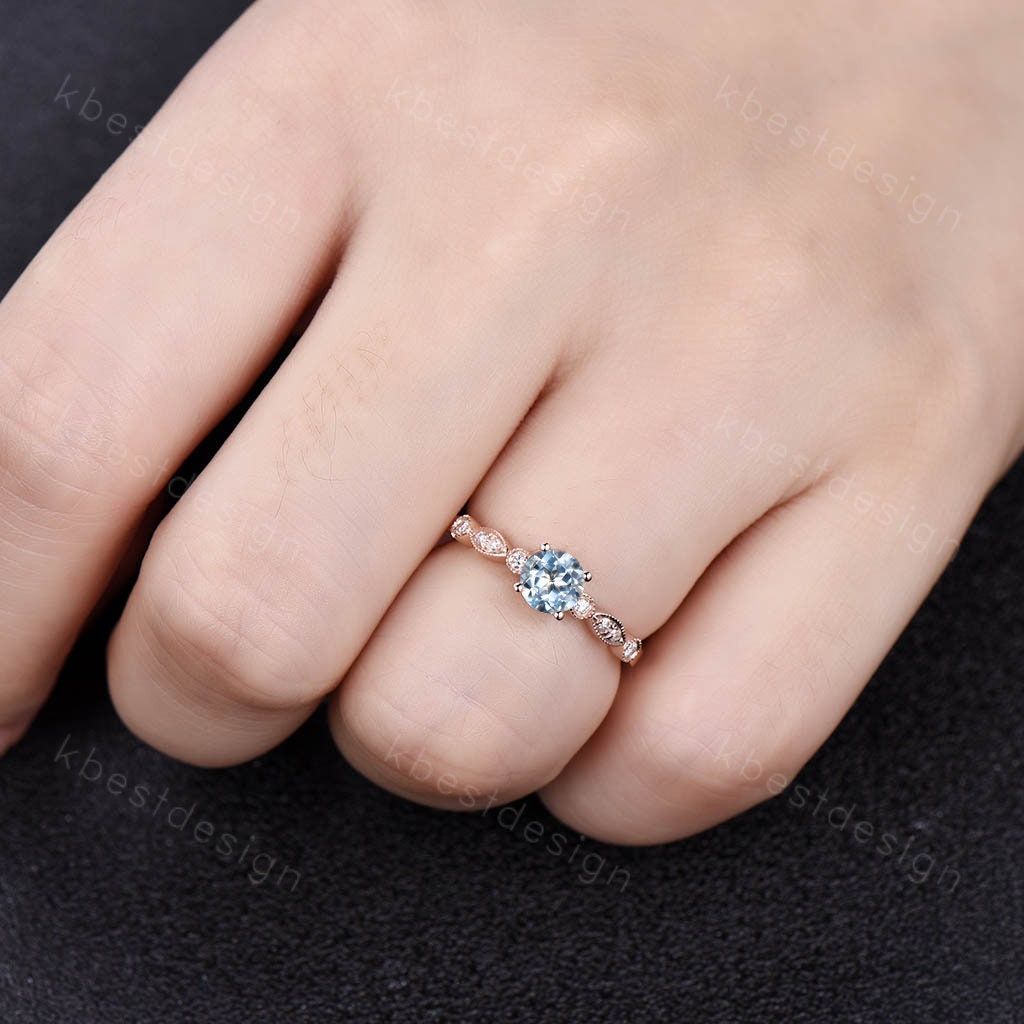 Aquamarine Dainty Ring, Rose Gold Engagement Ring, March Birthstone Ring, Art Deco Moissanite Ring, Unique Women Bridal Promise Ring