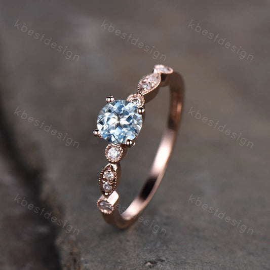 Aquamarine Dainty Ring, Rose Gold Engagement Ring, March Birthstone Ring, Art Deco Moissanite Ring, Unique Women Bridal Promise Ring