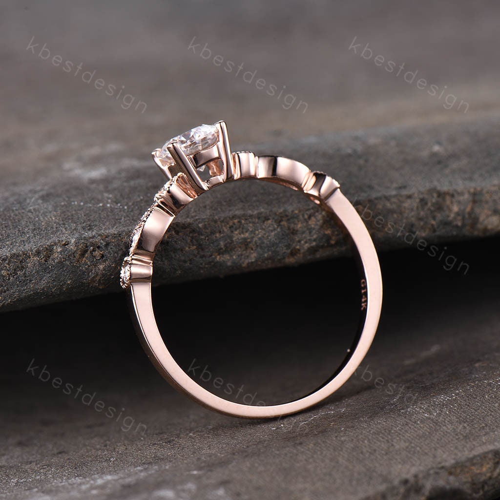 Art Deco Emerald Engagement Ring, Round Cut Emerald Ring, Unique Moissanite Wedding Ring, Rose Gold Emerald Ring, May Birthstone Ring