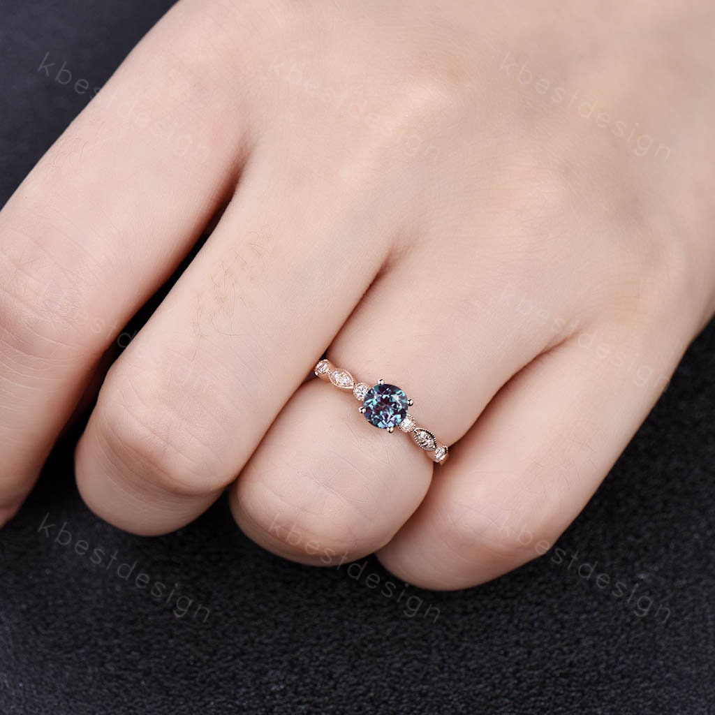 Vintage Alexandrite engagement ring, 14K Rose Gold Ring, Round cut Bridal Ring, Unique Moissanite Ring, Art deco Prong set ring