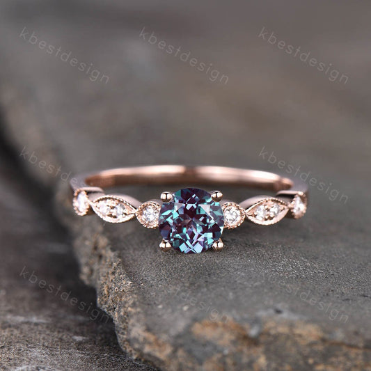 Vintage Alexandrite engagement ring, 14K Rose Gold Ring, Round cut Bridal Ring, Unique Moissanite Ring, Art deco Prong set ring