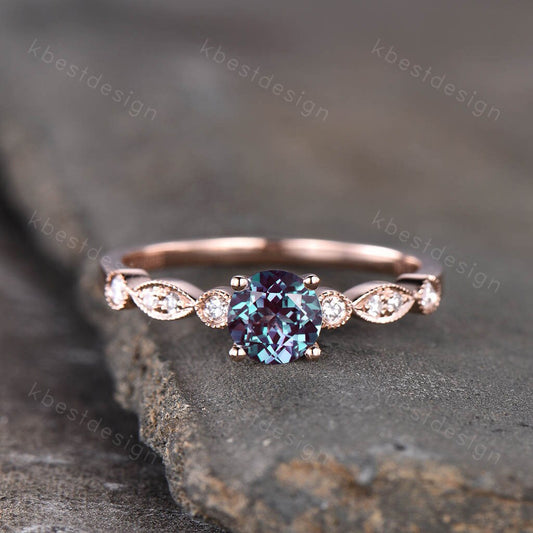 Vintage Alexandrite engagement ring, 14K Rose Gold Ring, Round cut Bridal Ring, Unique Moissanite Ring, Art deco Prong set ring