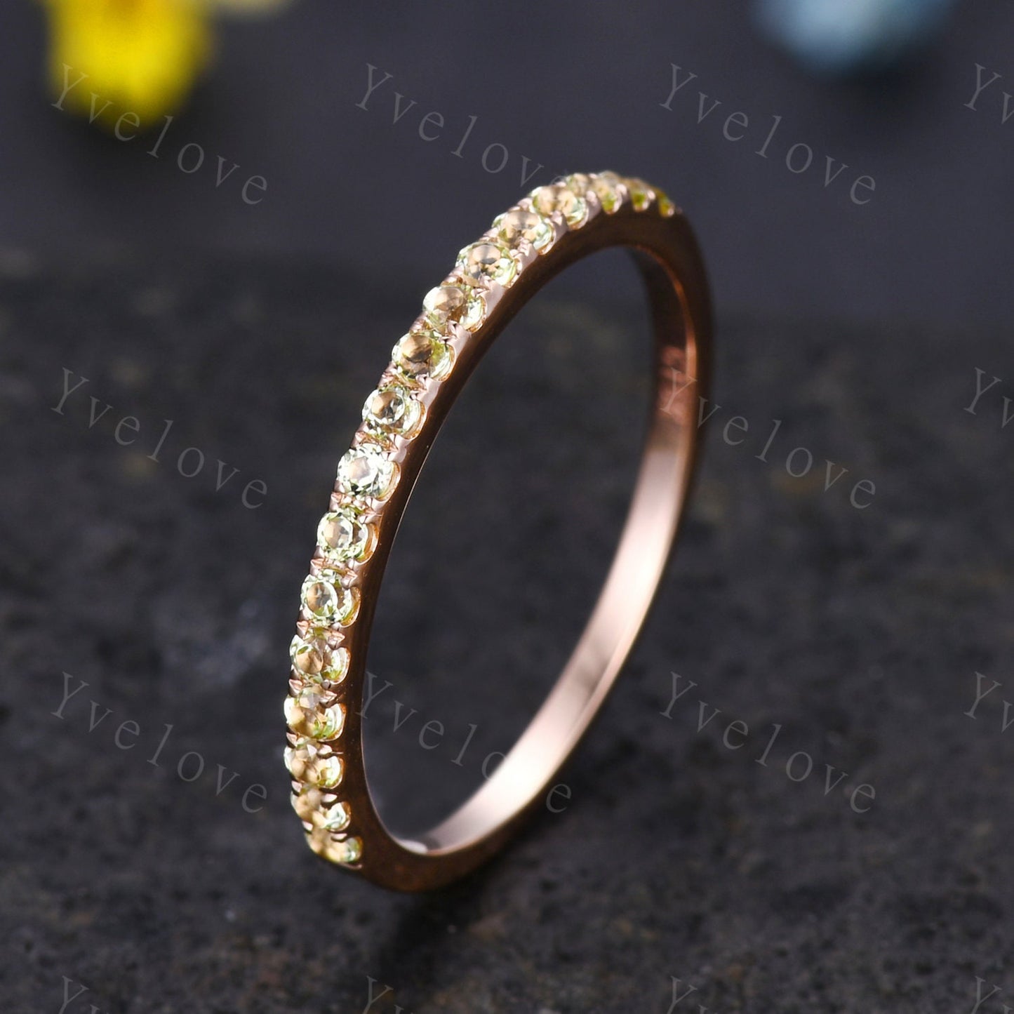 Dainty peridot wedding ring 14k rose gold wedding band half eternity green peridot band matching stacking ring bridal promise gift for women