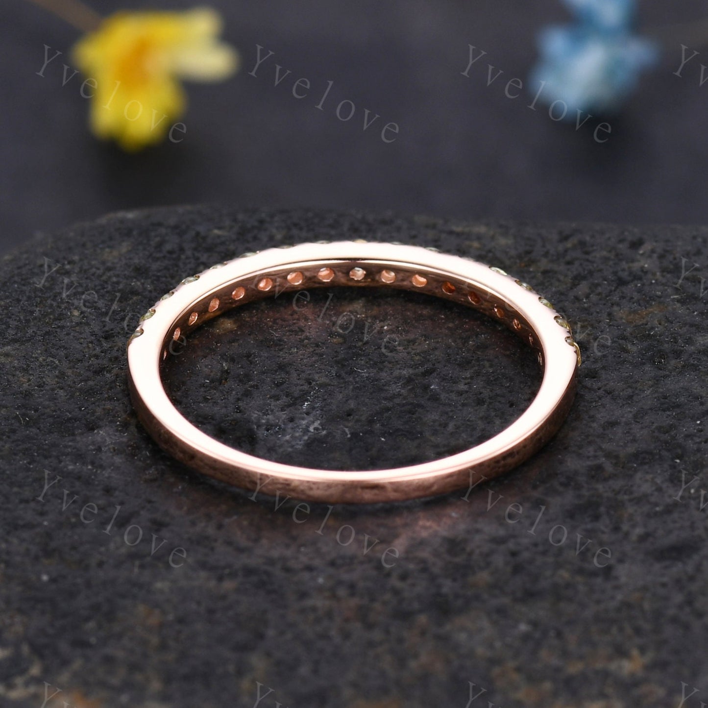Dainty peridot wedding ring 14k rose gold wedding band half eternity green peridot band matching stacking ring bridal promise gift for women