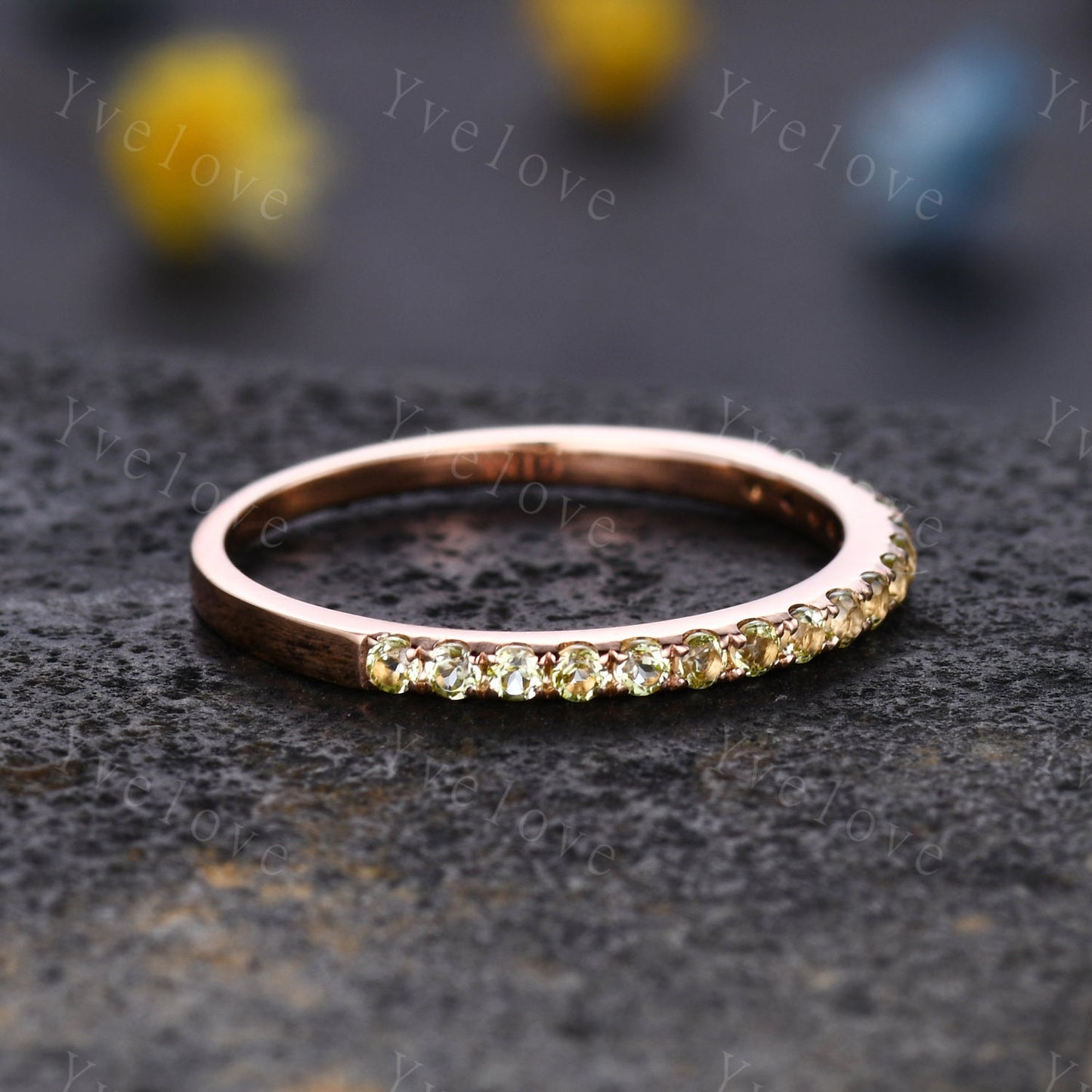 Dainty peridot wedding ring 14k rose gold wedding band half eternity green peridot band matching stacking ring bridal promise gift for women