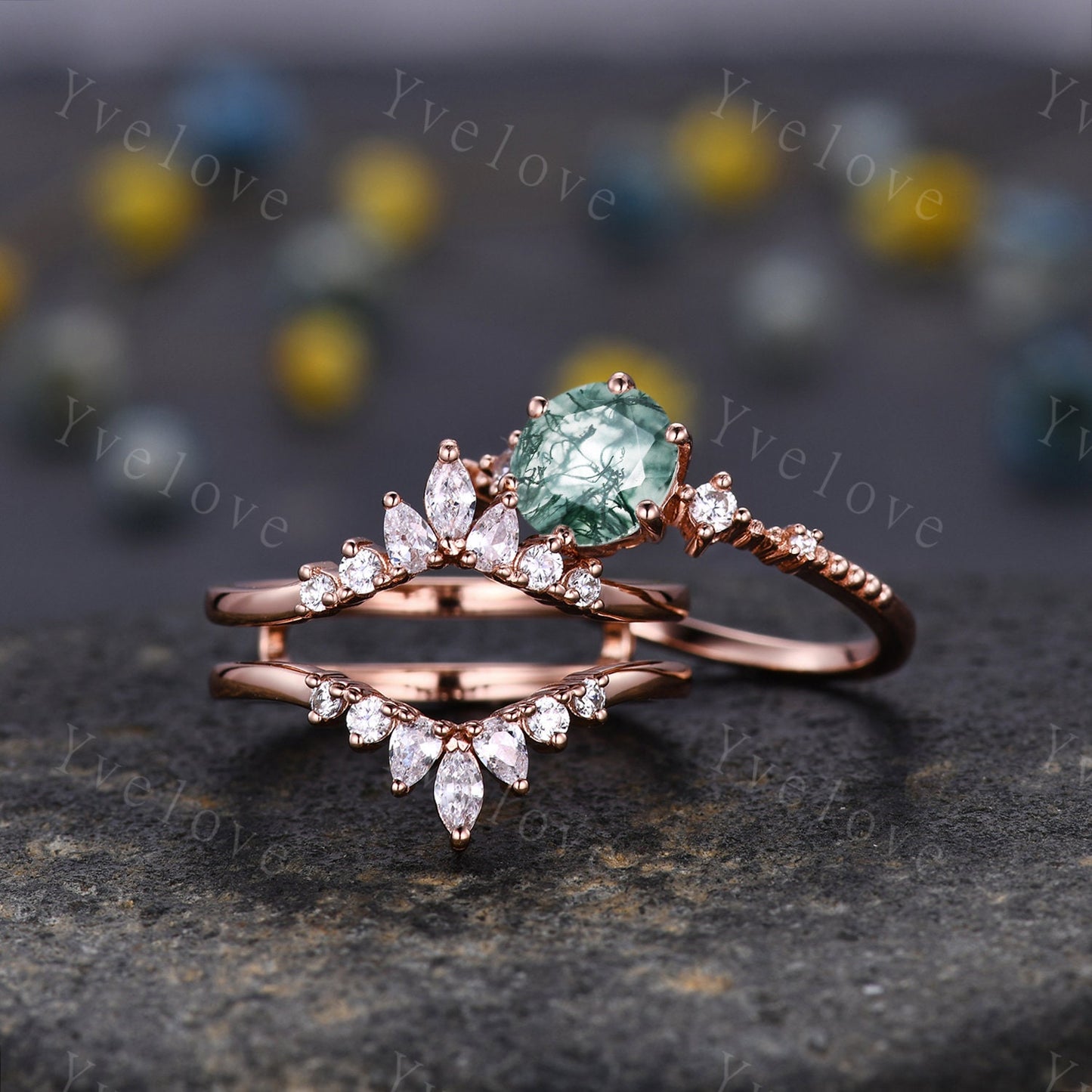 Vintage Moss Agate Ring Set,Green Agate Engagement Ring,Enhancer Ring,Double Curved band,Women Bridal Matching Stacking Wedding Band,Custom