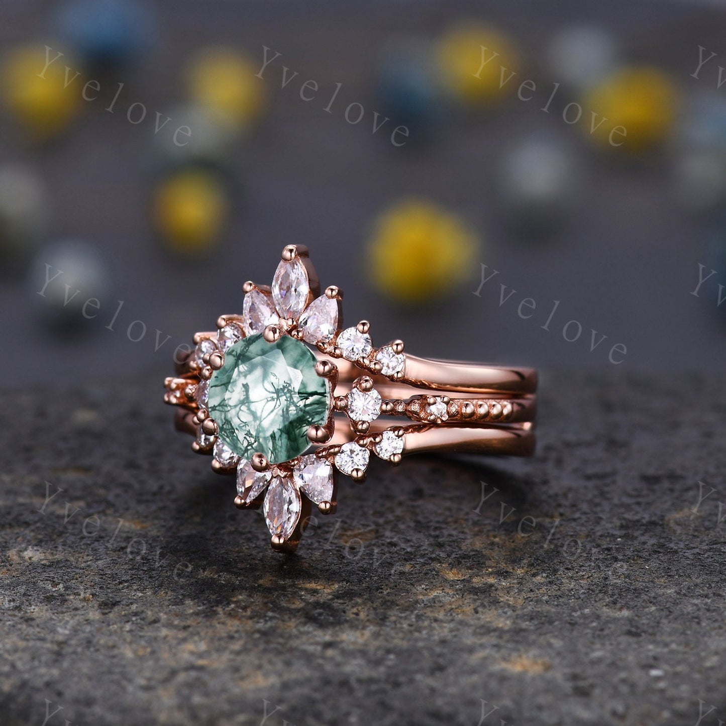 Vintage Moss Agate Ring Set,Green Agate Engagement Ring,Enhancer Ring,Double Curved band,Women Bridal Matching Stacking Wedding Band,Custom