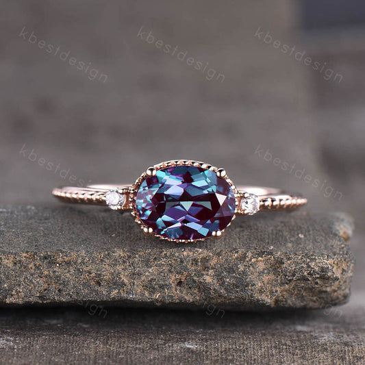 Oval Alexandrite Engagement Ring Unique Art Deco Milgrain Ring Women Rose Gold Ring Vintage Bridal Promise Ring June Birthstone Ring