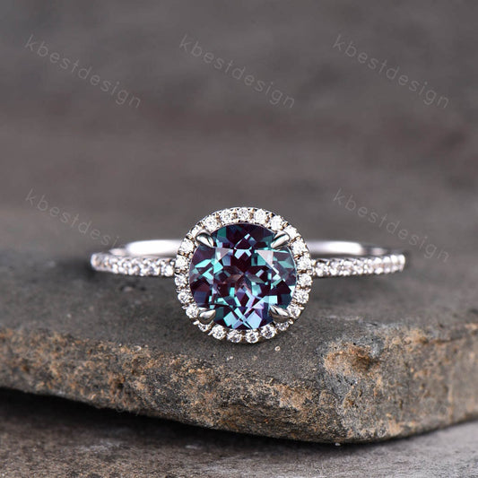 Alexandrite engagement ring Round cut white gold promise ring Vintage Moissanite ring Art Deco Bridal Wedding ring Anniversary gift