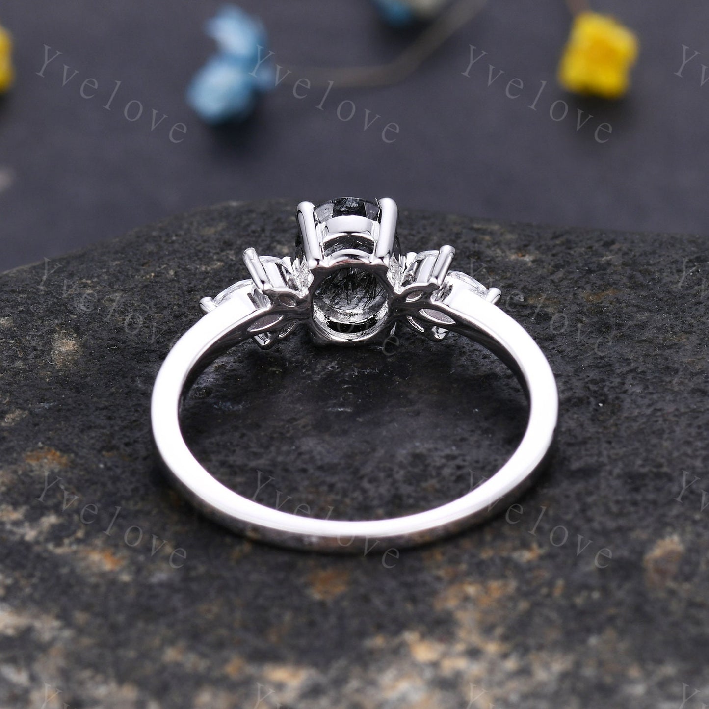 Vintage Black Rutilated Quartz Engagement Ring Art Deco Ring Women Stacking Diamond Moissanite Matching Band Unique Retro Floral Jewelry