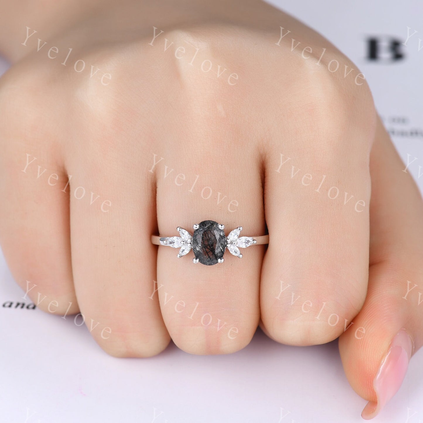Vintage Black Rutilated Quartz Engagement Ring Art Deco Ring Women Stacking Diamond Moissanite Matching Band Unique Retro Floral Jewelry
