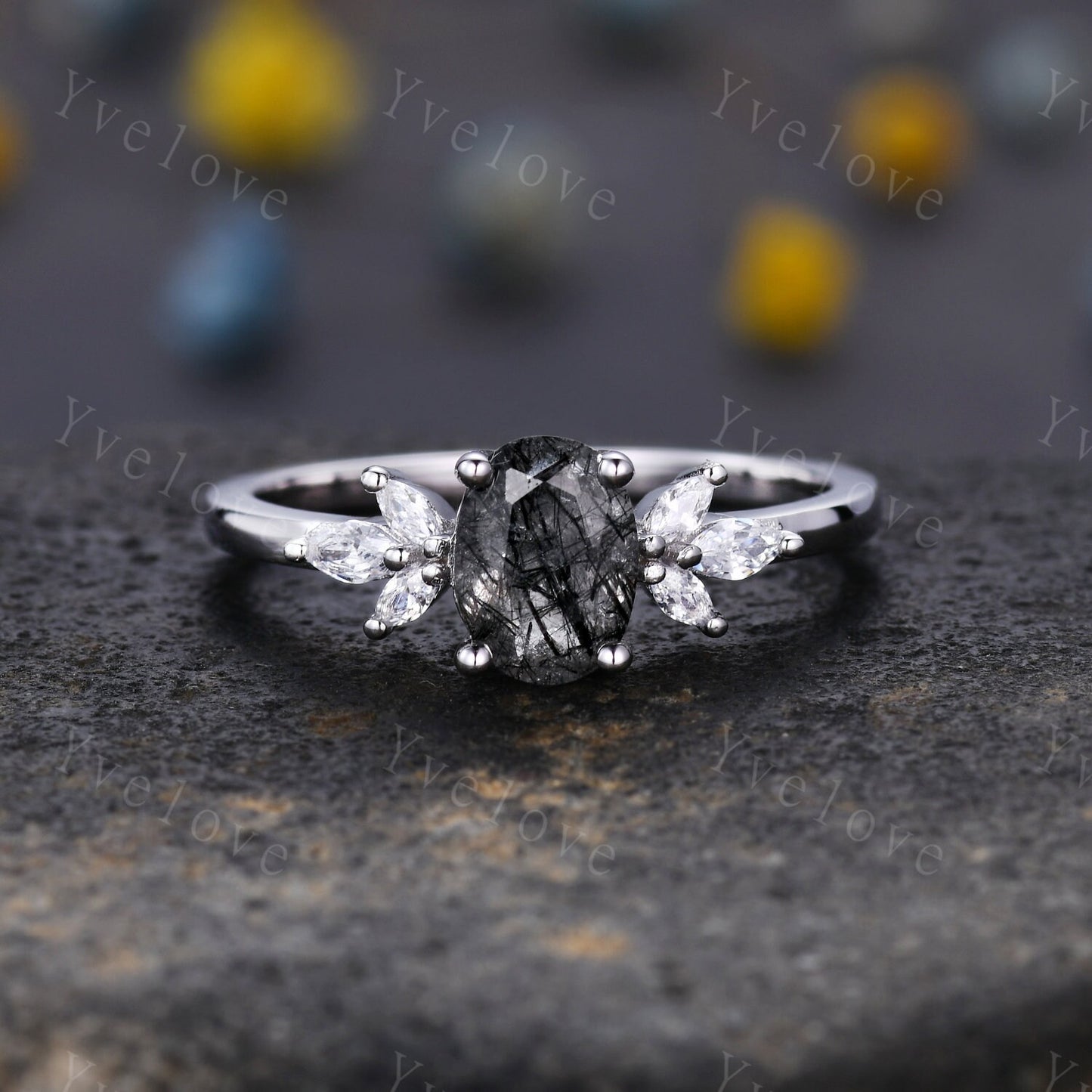 Vintage Black Rutilated Quartz Engagement Ring Art Deco Ring Women Stacking Diamond Moissanite Matching Band Unique Retro Floral Jewelry