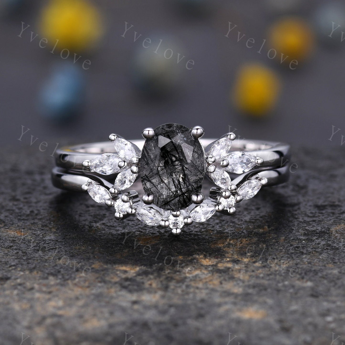 Vintage Black Rutilated Quartz Engagement Ring Art Deco Ring Women Stacking Diamond Moissanite Matching Band Unique Retro Floral Jewelry