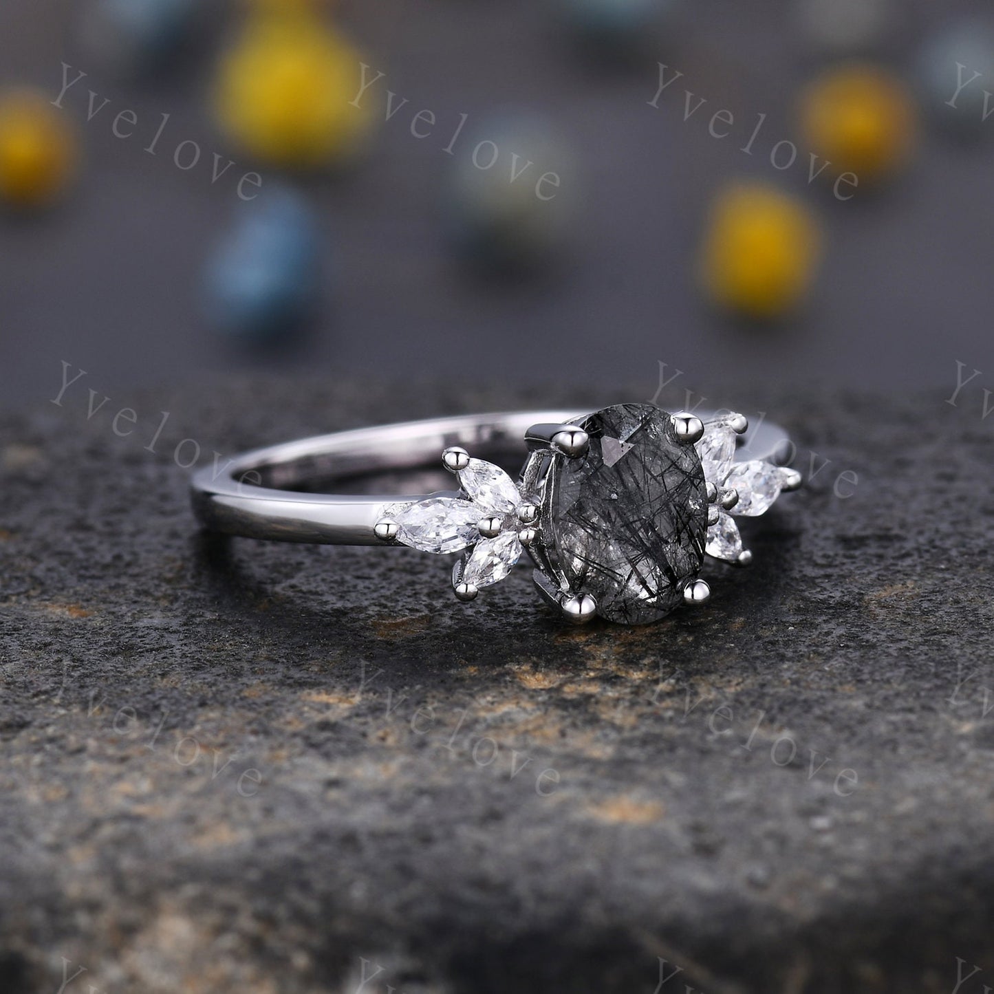 Vintage Black Rutilated Quartz Engagement Ring Art Deco Ring Women Stacking Diamond Moissanite Matching Band Unique Retro Floral Jewelry