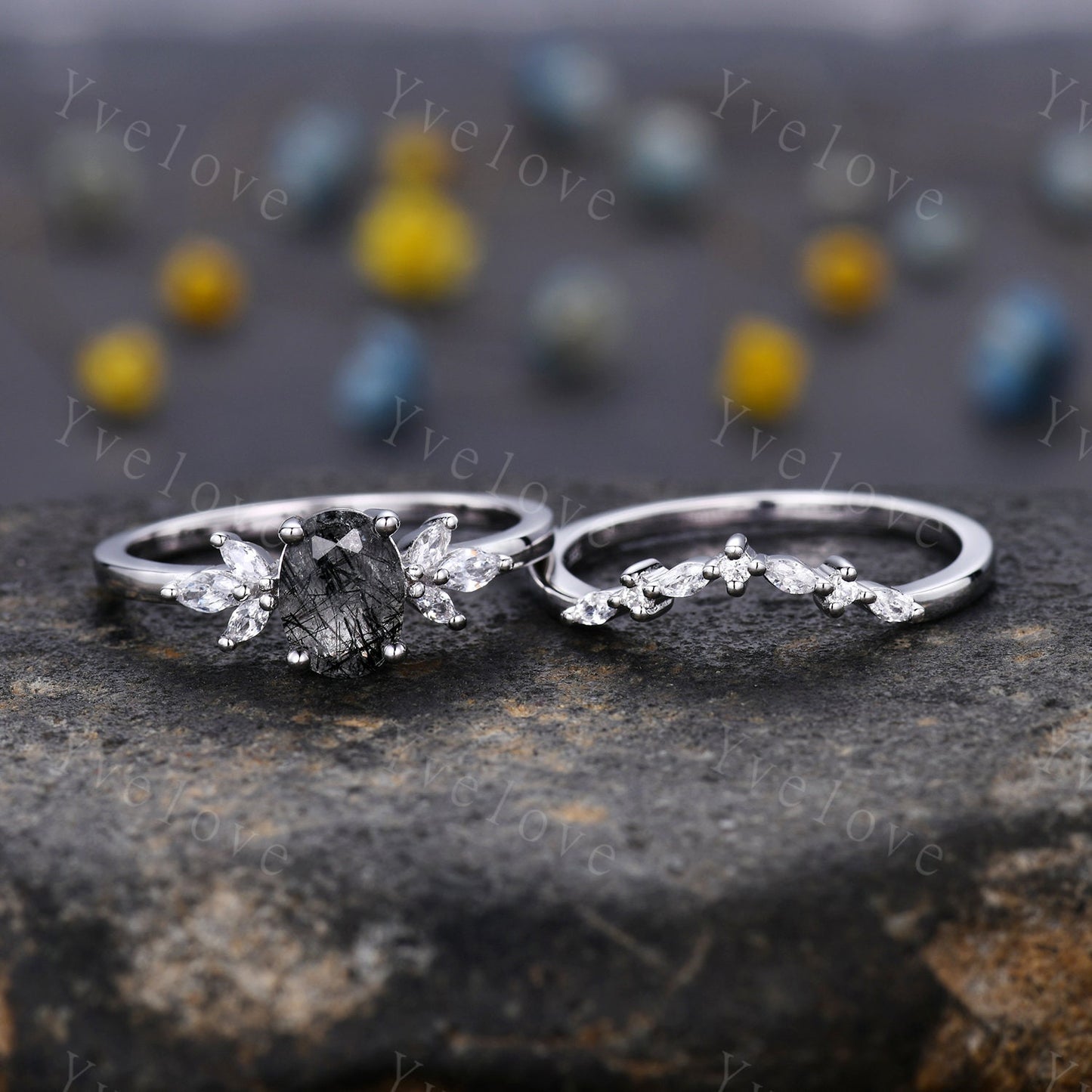 Black Rutilated Quartz Engagement Ring Set Art Deco Ring Women Stacking Diamond Moissanite Matching Band Unique Vintage Floral Jewelry Gold