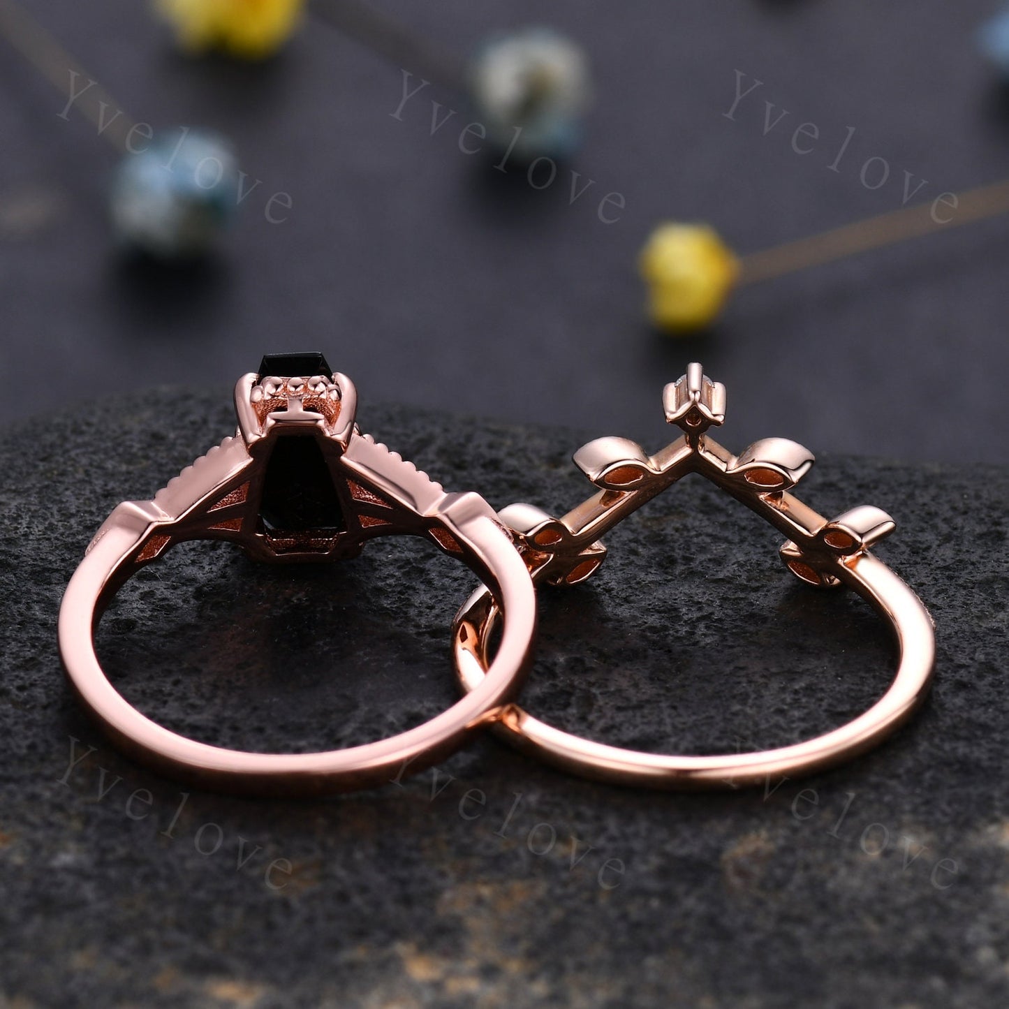 Vintage Coffin black onyx ring set diamond wedding ring Unique black onyx engagement ring women rose gold diamond matching band promise ring