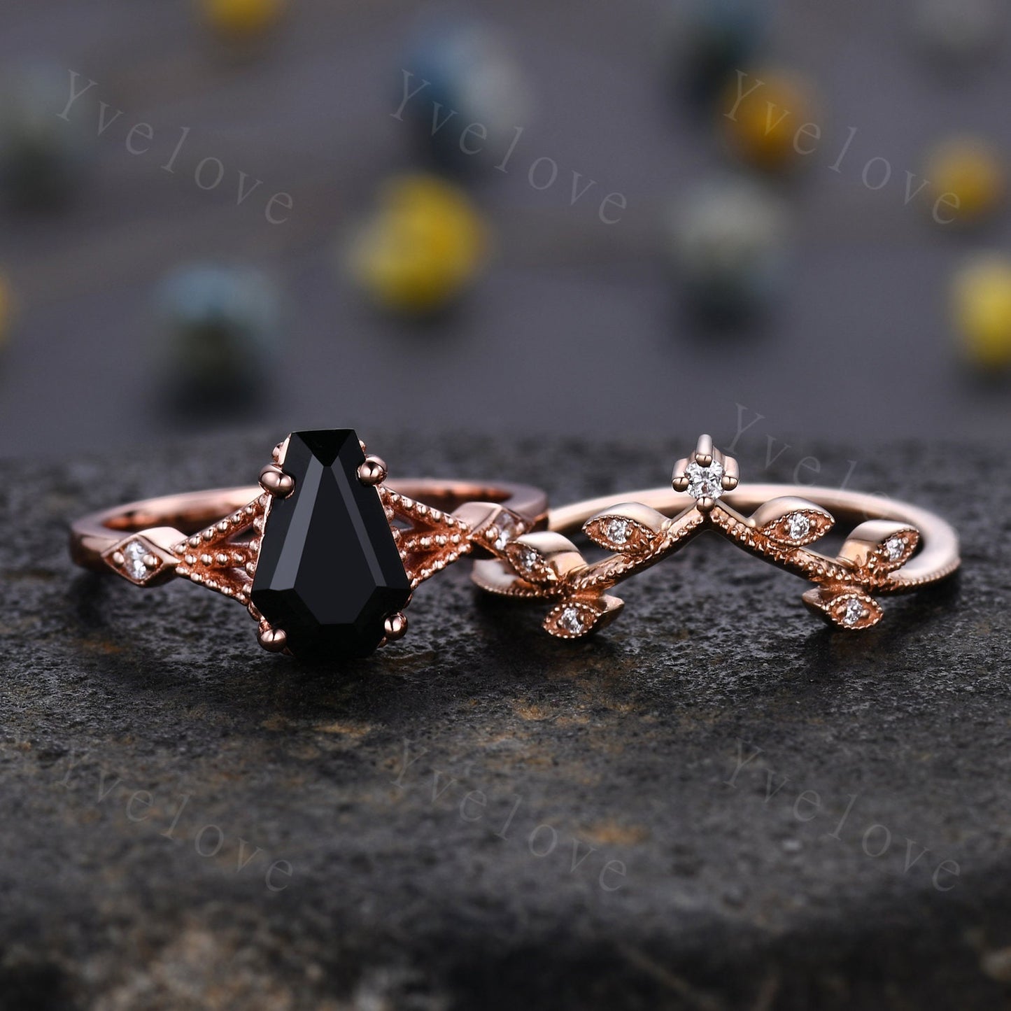 Vintage Coffin black onyx ring set diamond wedding ring Unique black onyx engagement ring women rose gold diamond matching band promise ring