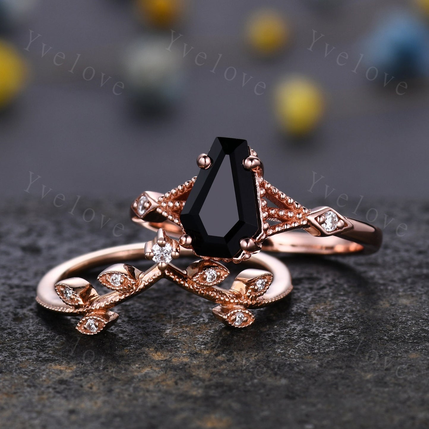 Vintage Coffin black onyx ring set diamond wedding ring Unique black onyx engagement ring women rose gold diamond matching band promise ring