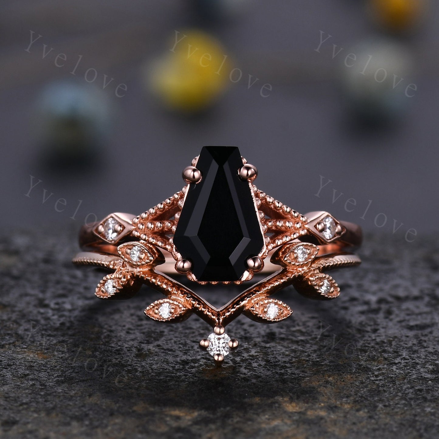 Vintage Coffin black onyx ring set diamond wedding ring Unique black onyx engagement ring women rose gold diamond matching band promise ring