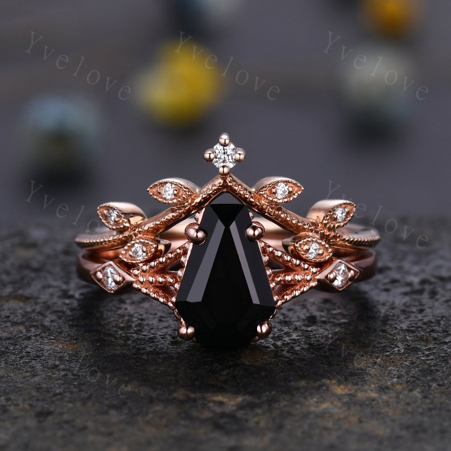 Vintage Coffin black onyx ring diamond wedding ring Unique black onyx engagement ring women rose gold diamond matching band bridal ring gift
