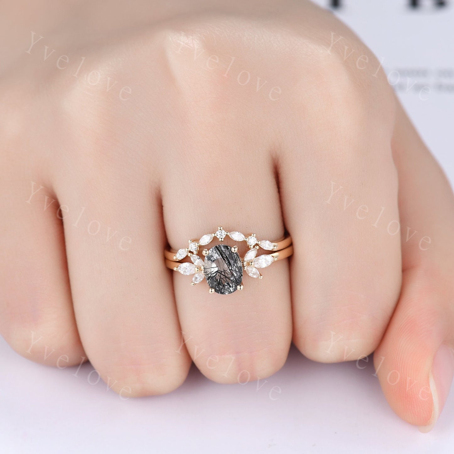 Black Rutilated Quartz Engagement Ring Set Art Deco Ring Women Stacking Diamond Moissanite Matching Band Unique Vintage Floral Jewelry Gold