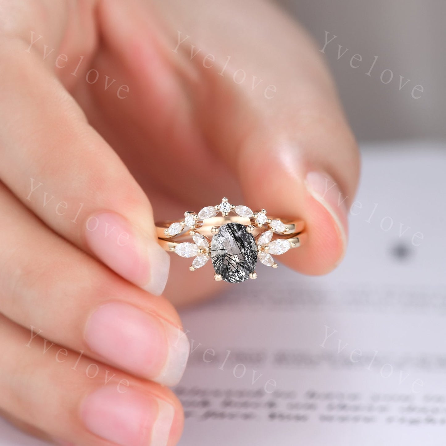 Black Rutilated Quartz Engagement Ring Set Art Deco Ring Women Stacking Diamond Moissanite Matching Band Unique Vintage Floral Jewelry Gold
