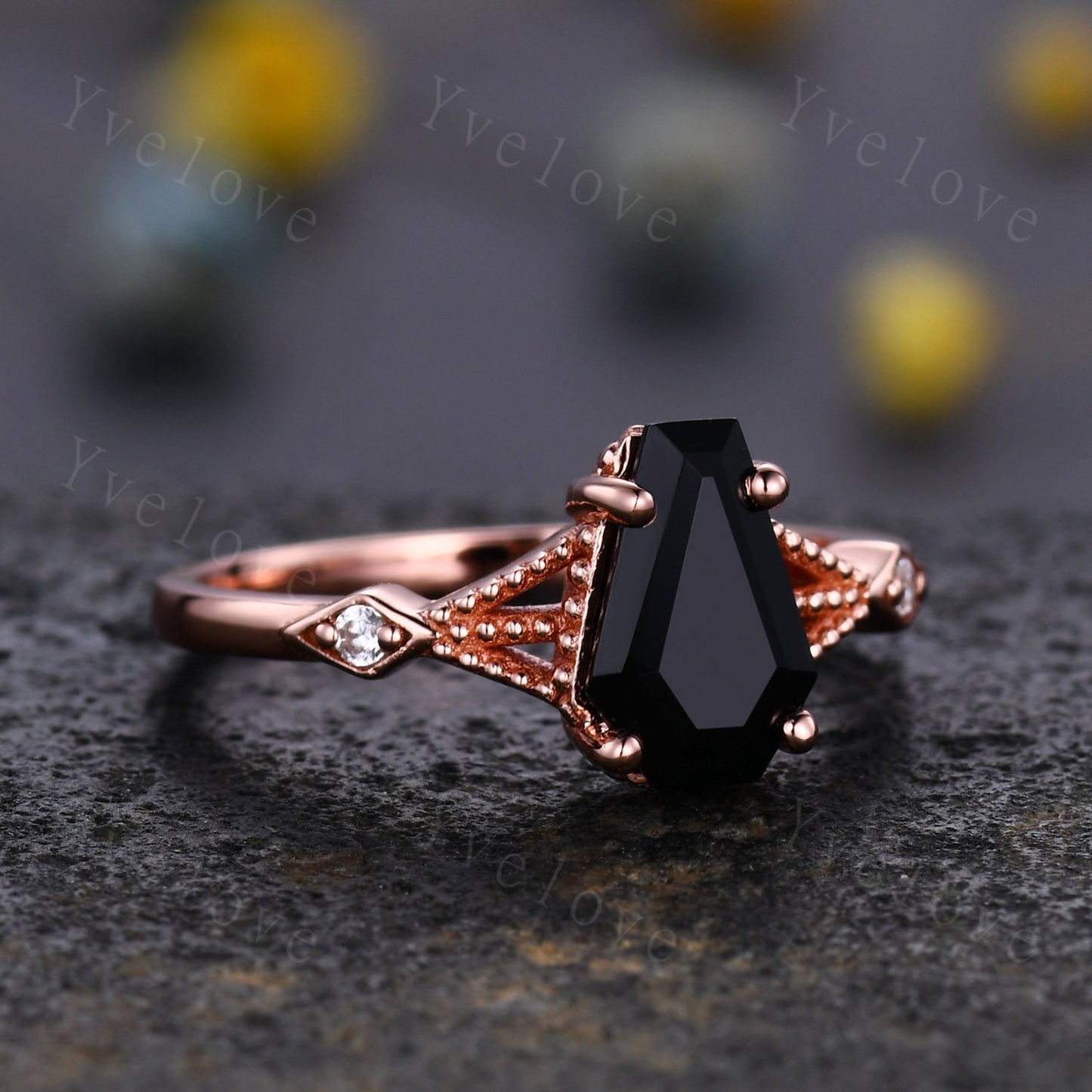 Vintage Coffin black onyx ring diamond wedding ring Unique black onyx engagement ring women rose gold diamond matching band bridal ring gift