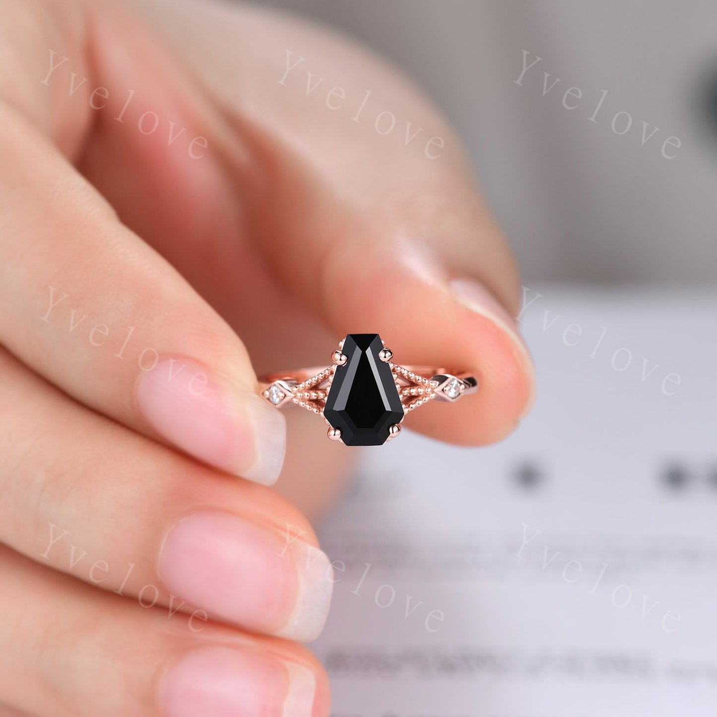 Vintage Coffin black onyx ring diamond wedding ring Unique black onyx engagement ring women rose gold diamond matching band bridal ring gift