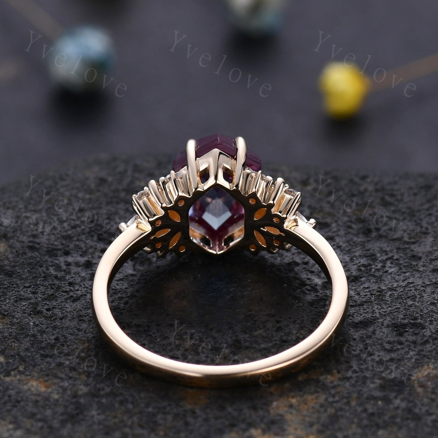 Vintage Alexandrite engagement ring,Unique Hexagon Alexandrite Ring,Cluster Diamond Ring,Bridal Wedding Ring For Women Gift,Statement Ring