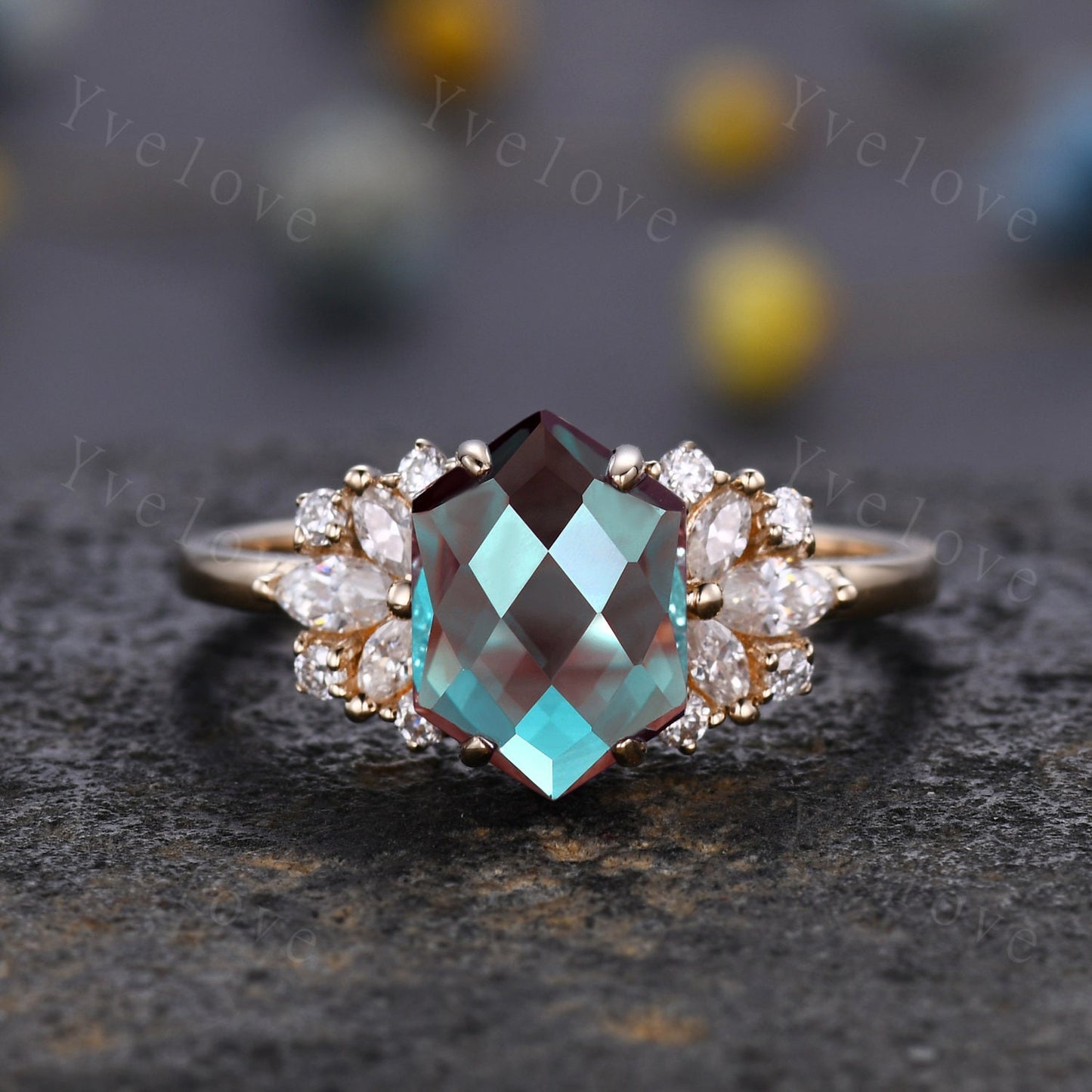 Vintage Alexandrite engagement ring,Unique Hexagon Cut  Cluster CZ Diamond Ring,Bridal Wedding Ring For Women Jewelry Gift,Statement Ring