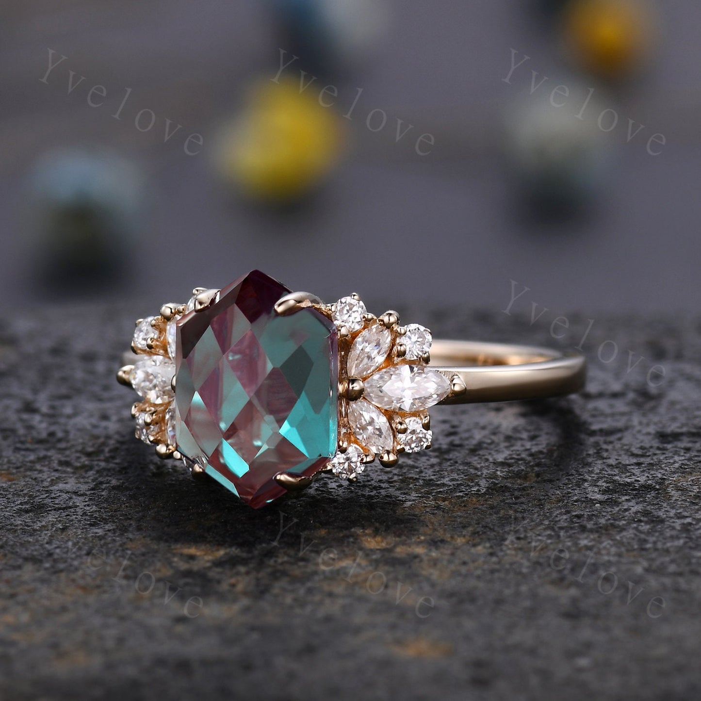 Vintage Alexandrite engagement ring,Unique Hexagon Alexandrite Ring,Cluster Diamond Ring,Bridal Wedding Ring For Women Gift,Statement Ring
