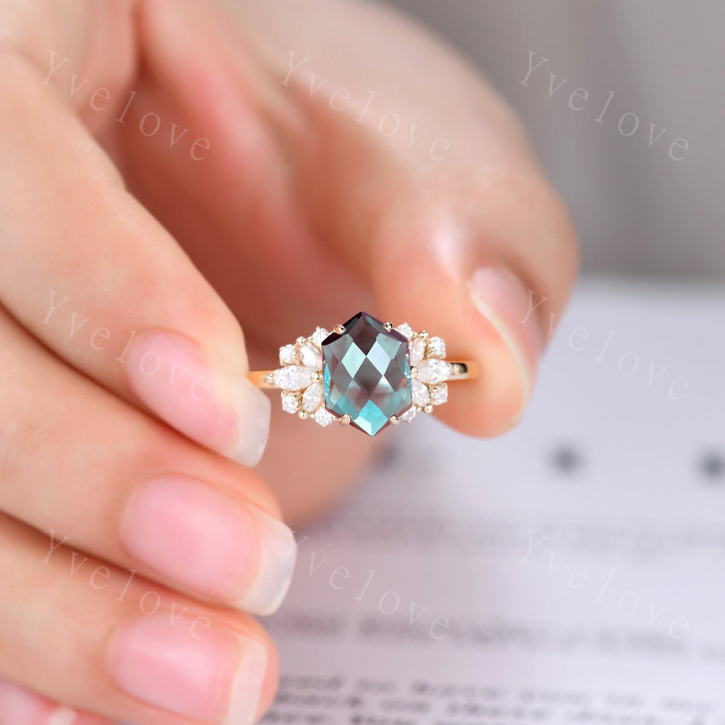 Vintage Alexandrite engagement ring,Unique Hexagon Alexandrite Ring,Cluster Diamond Ring,Bridal Wedding Ring For Women Gift,Statement Ring
