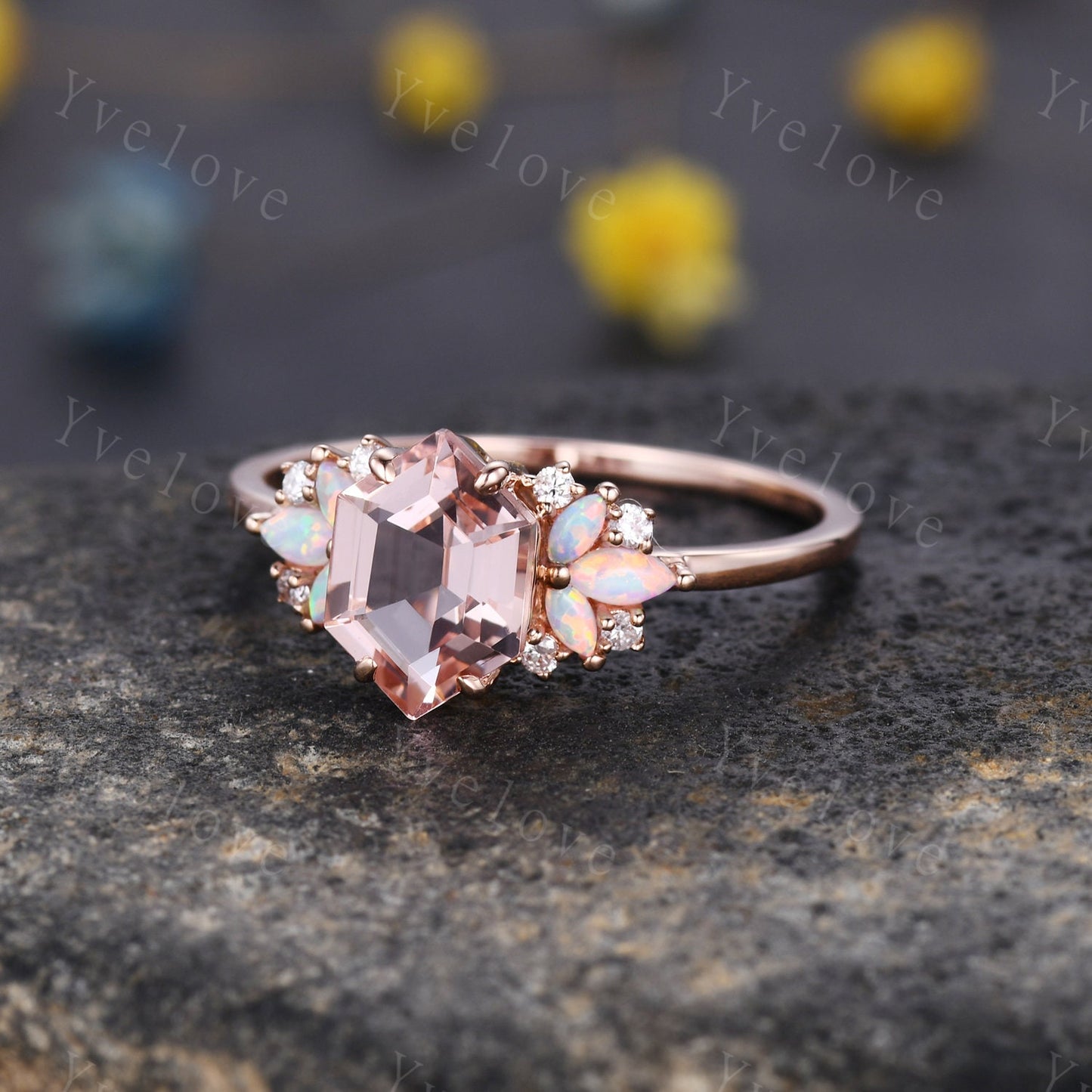Vintage Hexagon Morganite Opal engagement ring,Unique Marquise Opal Ring,Cluster Ring,Rose Gold,Women Bridal Wedding Band,Statement Ring