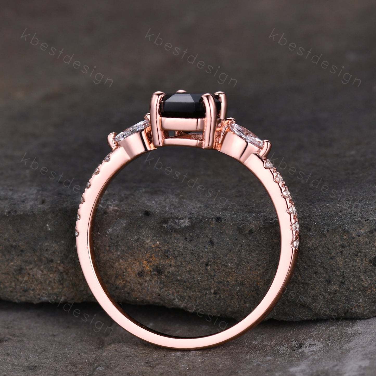 Coffin Shape Black Onyx Engagement Ring Vintage Rose Gold Moissanite Wedding Ring Unique Marquise cut Cluster Ring Antique Promise Ring
