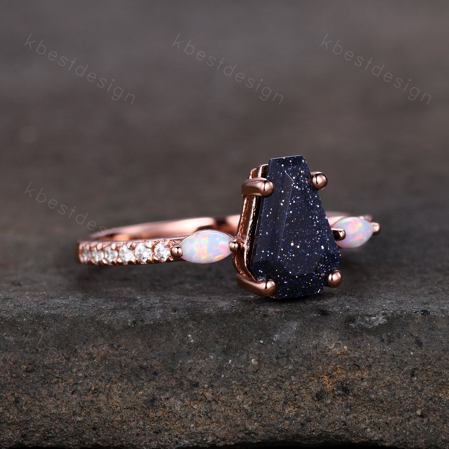 Coffin Shape Blue Sandstone Engagement Ring Vintage Rose Gold Marquise Opal Wedding Ring Unique Cluster Ring Antique Promise Ring