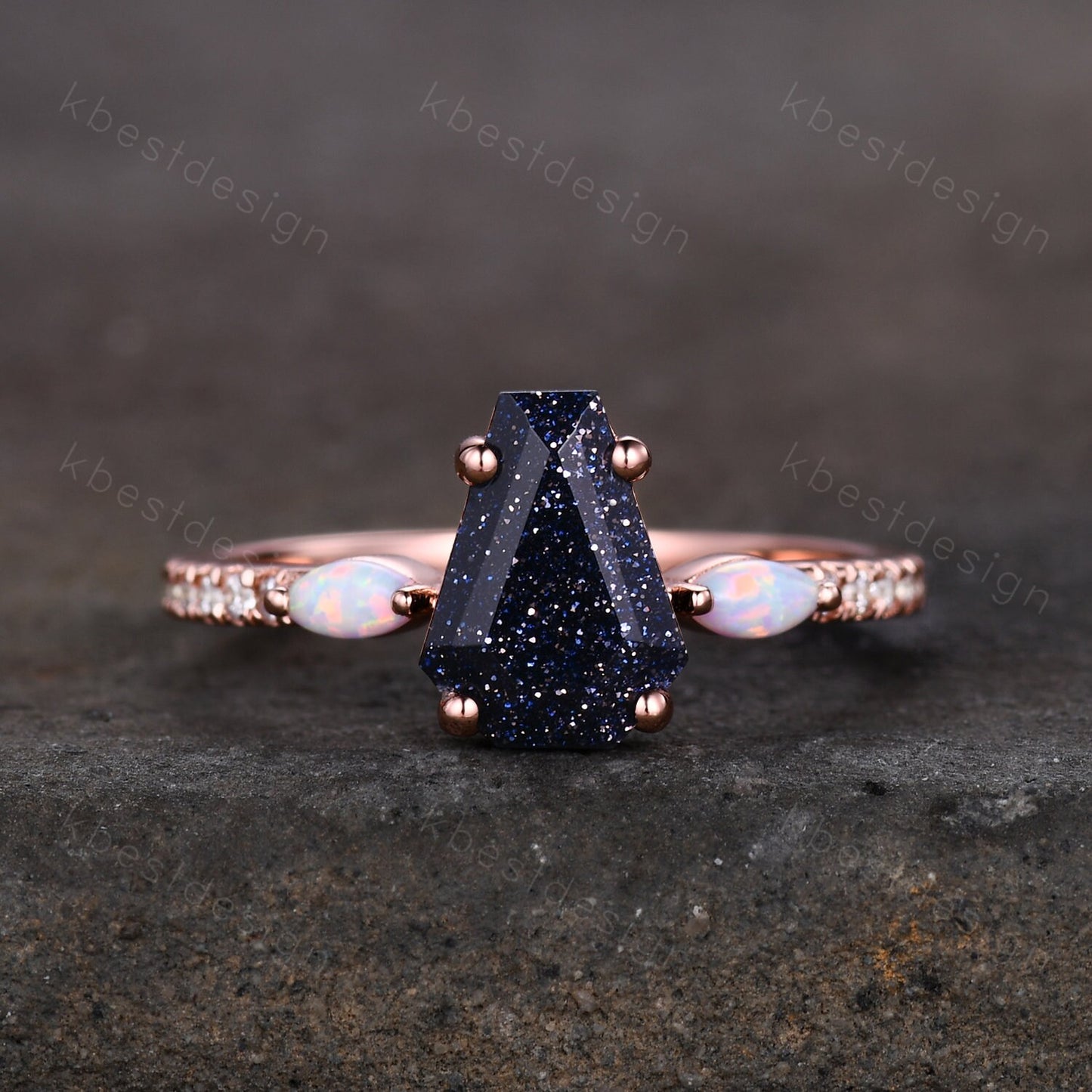 Coffin Shape Blue Sandstone Engagement Ring Vintage Rose Gold Marquise Opal Wedding Ring Unique Cluster Ring Antique Promise Ring